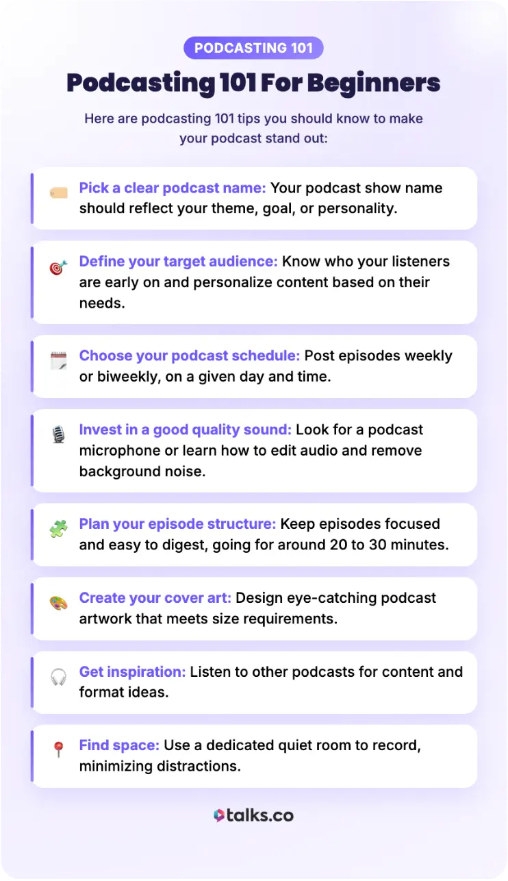 Guide to podcasting for beginners showing a step by step checklist covering podcast names, target audience, scheduling, sound quality, cover art, inspiration, and recording space.