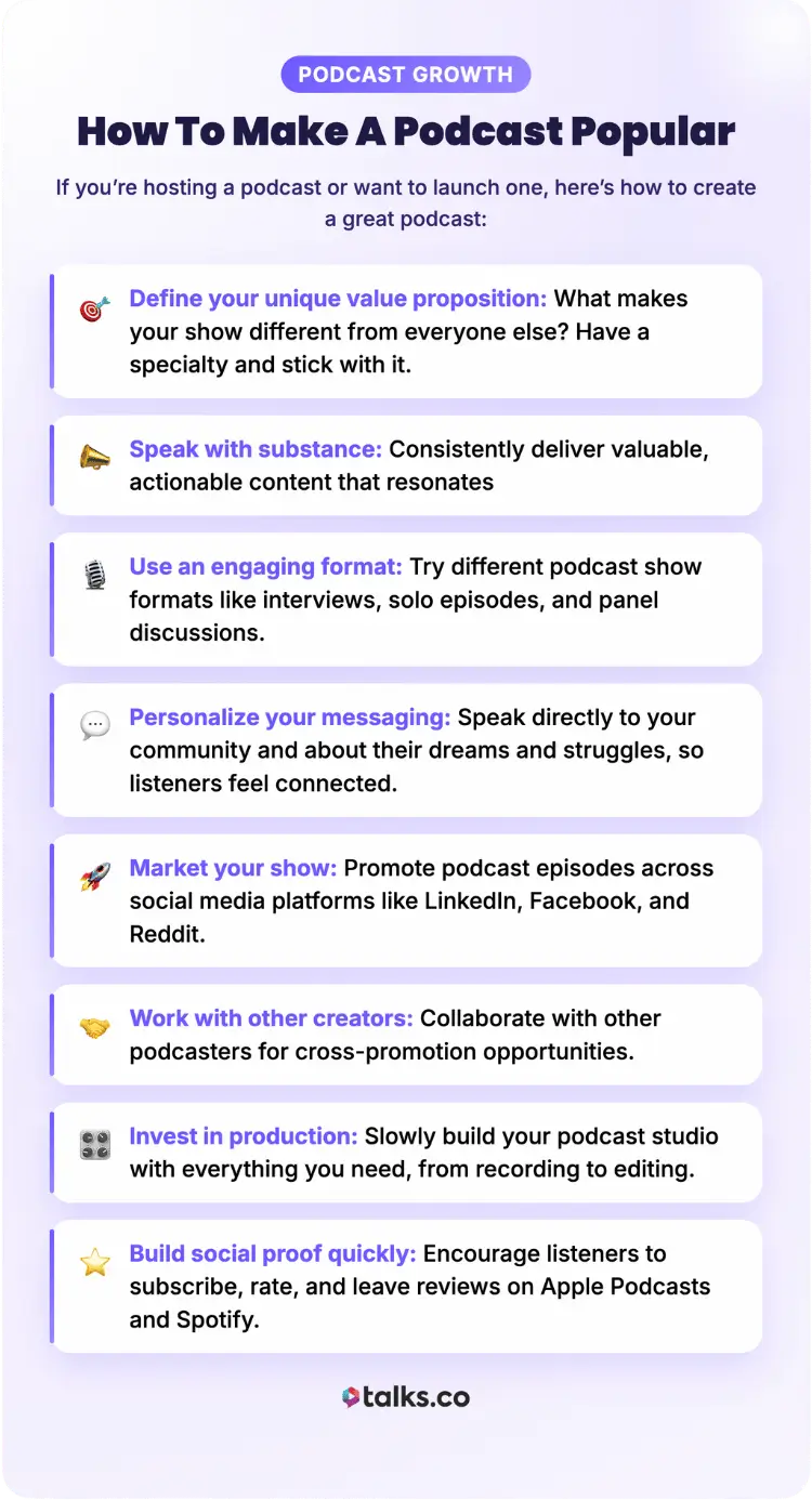 Infographic explaining steps to make popular podcasts through unique value, messaging, collaboration, production, and marketing.