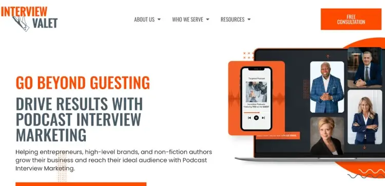 Interview Valet homepage showcasing its podcast interview marketing service that can pitch you as a guest on top business and author-focused shows.