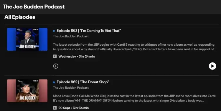 Episode list from The Joe Budden Podcast showing recent long-form discussions that captivate listeners with commentary and cultural debates.