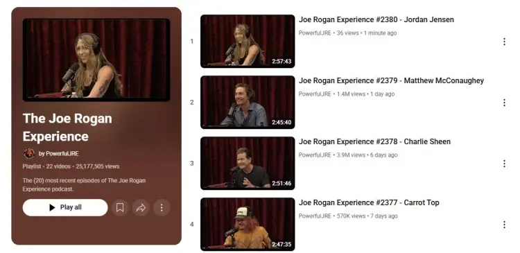 Screenshot showing the latest JRE podcast episodes on YouTube, including recent guests such as Jordan Jensen, Matthew McConaughey, and Charlie Sheen.