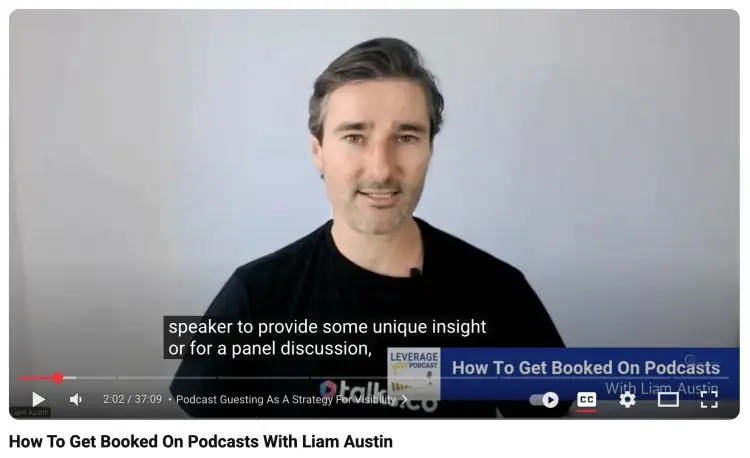 Liam Austin speaking on camera during a training video about how to get booked on podcasts, showing liam as a guest on a show.