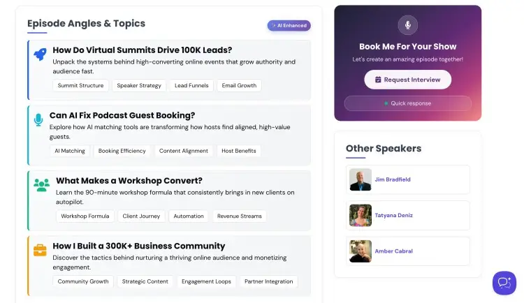 Screenshot of Liam Austin’s Talks.co profile showing multiple episode angles, each focused on a specific topic such as virtual summits, AI podcast booking, workshop conversions, and building a business community.