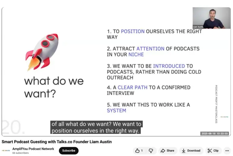 Liam Austin presenting a slide during a session titled "Smart Podcast Guesting," explaining how to position yourself and attract podcasts using structured video content.