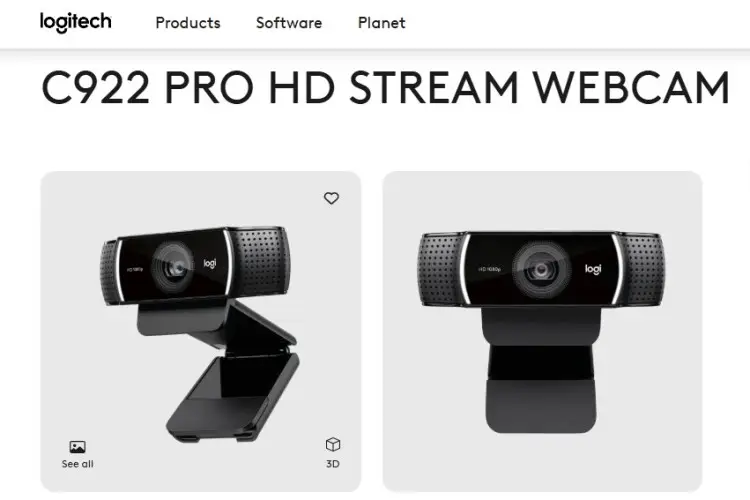 Logitech C922 Pro HD Stream Webcam shown in two angles as part of a recording setup.
