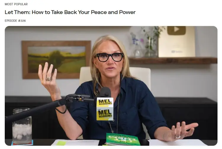 Mel Robbins speaking into a microphone during a podcast episode designed to captivate listeners.