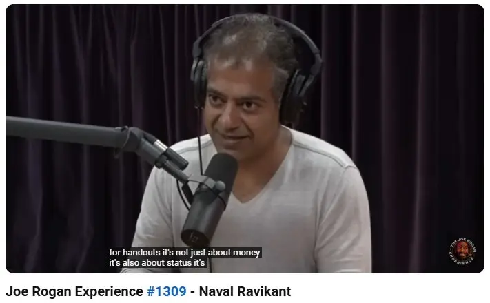 Naval Ravikant speaking on the Joe Rogan Experience podcast, offering deep wisdom on wealth, success, and personal growth.