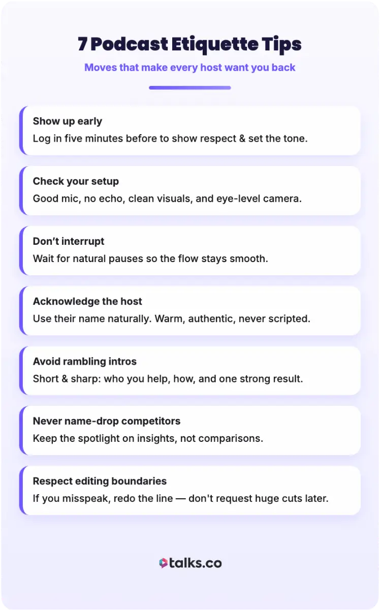 Infographic showing the best tips for podcast etiquette, including showing up early, checking your setup, not interrupting, acknowledging the host, avoiding rambling intros, never name-dropping competitors, and respecting editing boundaries.