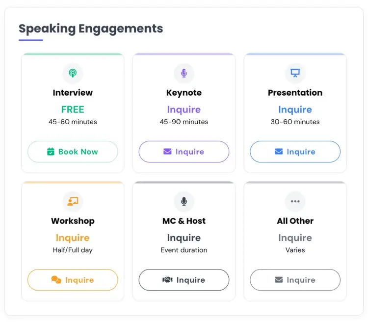 A Talks.co speaking engagement section showing booking and inquiry options for potential podcast guests including interviews, keynotes, presentations, workshops, and hosting opportunities