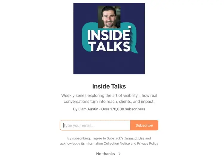 Inside Talks newsletter preview showing what substack provides to readers, including a subscription box and summary of the series.
