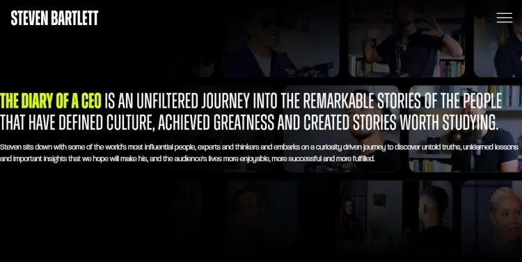Homepage screenshot of The Diary of a CEO highlighting the podcast’s storytelling genre and focus on influential guests.