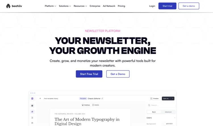 Homepage screenshot showing why creators use beehiiv to grow, monetize, and run a modern newsletter