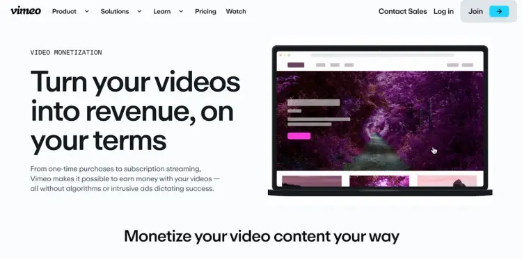 Vimeo homepage promoting tools for creators to monetize video podcasts through one-time purchases, subscriptions, and ad-free streaming.