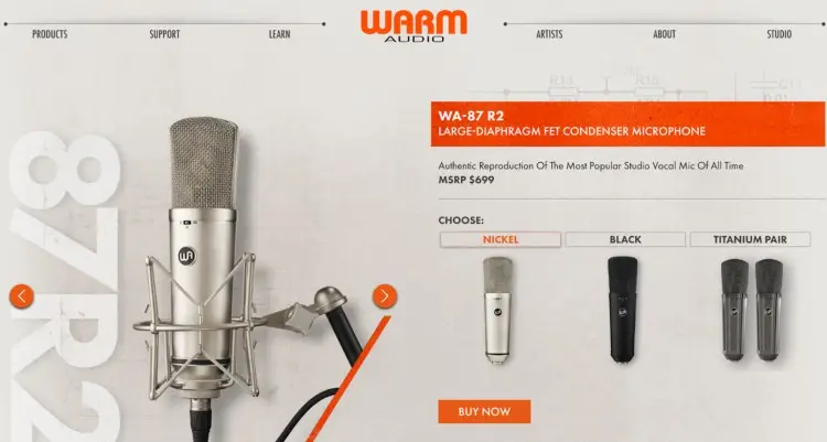 Product page showcasing the Warm Audio WA-87 R2 large-diaphragm condenser microphone in multiple finishes, highlighting its classic studio design and premium build.
