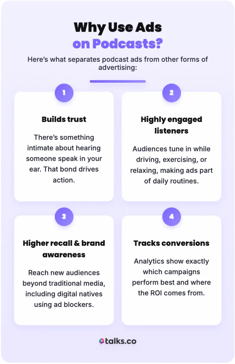 Infographic explaining why podcast ads are effective and how they help brands reach your audience by building trust, increasing engagement, boosting recall, and tracking conversions.