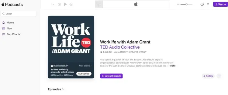 Screenshot of the WorkLife with Adam Grant podcast page on Apple Podcasts, showing the show description and cover art, highlighting this insightful podcast for professionals.
