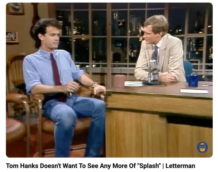 Celebrity Tom Hanks appearing on The Late Show with David Letterman during a classic late-night talk show interview.