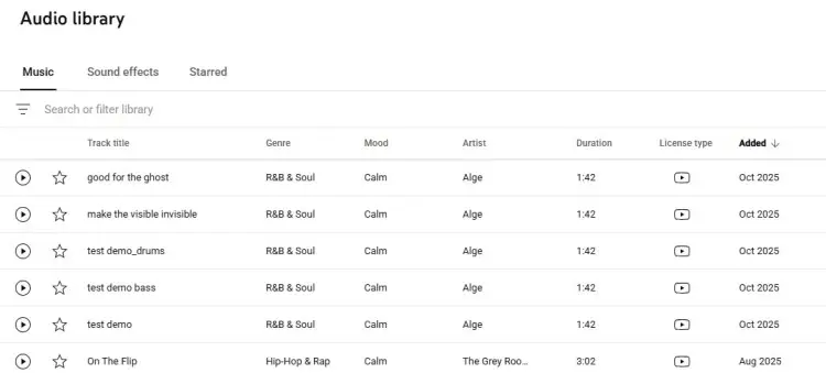 Audio library interface helping creators choose music for podcasts by genre, mood, duration, and license type.