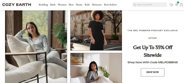 Cozy Earth website showing a promotional podcast ad offer for up to 35 percent off using code MELROBBINS, alongside lifestyle images of models wearing Cozy Earth clothing.