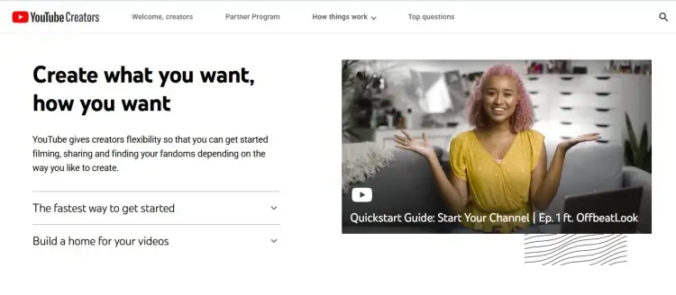 YouTube Creators page showing how creators can publish videos directly to youtube and build a channel their own way.