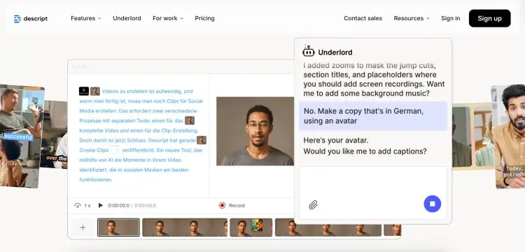 Descript editing dashboard showing AI-assisted tools that help a podcast creator edit video, add captions, and generate multilingual versions.