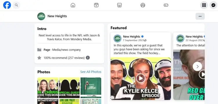 Facebook podcast page showing featured video posts and episode previews as an example of effective podcast marketing using social media engagement.