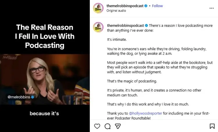 Instagram post featuring Mel Robbins explaining why podcasting feels intimate and personal, highlighting what makes a great podcast connect deeply with listeners.