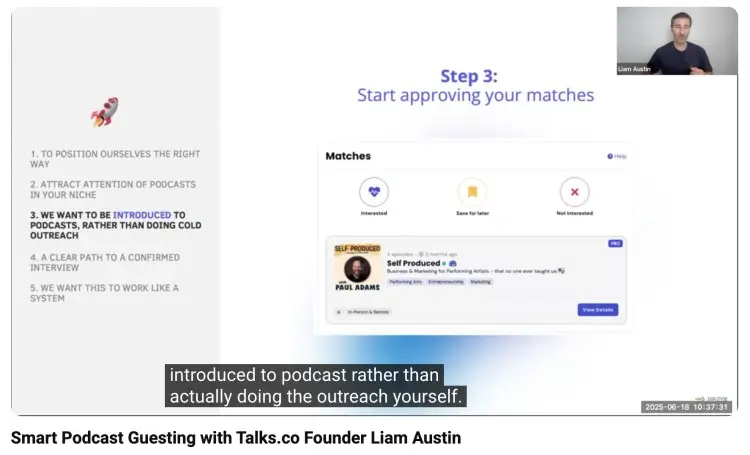Podcast guest workflow showing how matches are approved inside Talks.co to get introduced to podcasts.