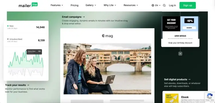 Screenshot of MailerLite’s dashboard showing analytics, email campaign builder, and digital product tools, highlighting why it is considered one of the best tools for online creators.