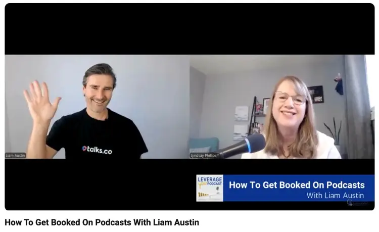 Podcast guest Liam Austin appearing on a live interview explaining how to get booked on podcasts.