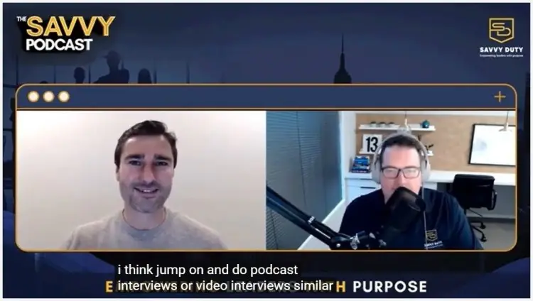 Podcast interview showing host and guest speaking remotely during a video podcast
