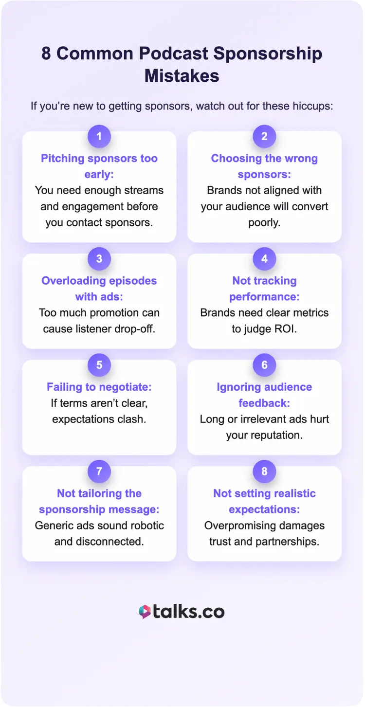 Infographic outlining eight common mistakes podcasters make with sponsorships, including pitching too early, choosing the wrong sponsors, overloading episodes with ads, and not tracking performance.