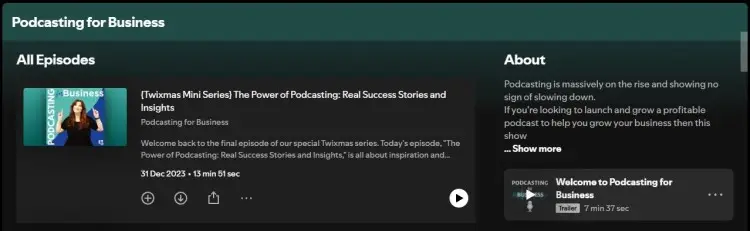 Spotify page showing the Podcasting for Business series, including episodes and description explaining that the podcast is created to help entrepreneurs launch and grow profitable podcasts.