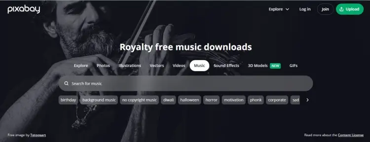 Pixabay music library interface showing how creators can find quality music for podcasts, videos, and other content with free royalty-free downloads.