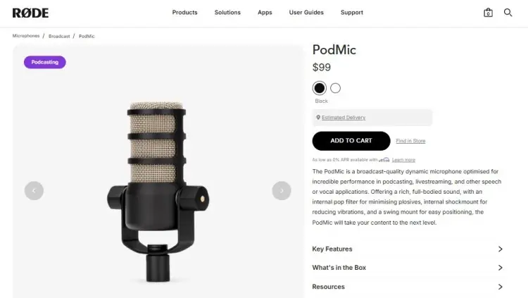RØDE PodMic dynamic microphone shown on product page designed for podcasting and voice recording.
