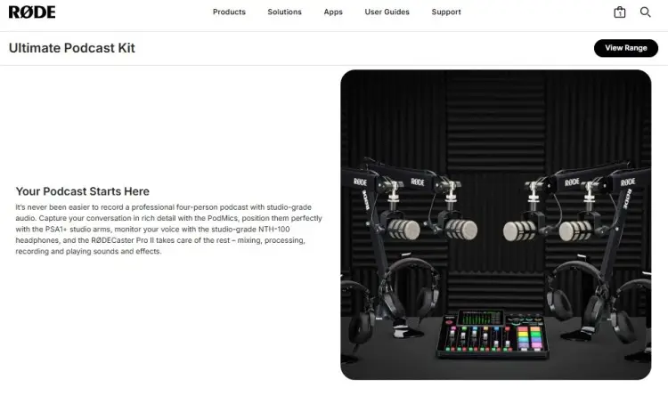 Rode Ultimate Podcast Kit featuring four PodMics, studio arms, headphones, and a RODECaster Pro II mixer arranged in a professional recording room to help you set up your podcasting with a complete studio-grade setup.