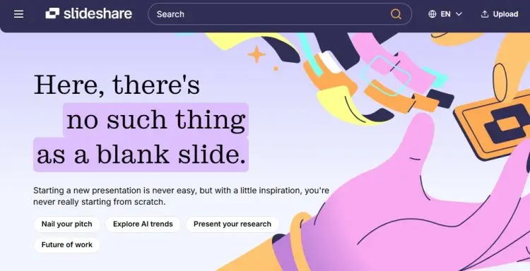 SlideShare presentation software homepage showing creative inspiration for building slides and visual storytelling.