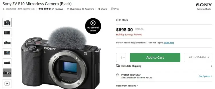 Sony ZV-E10 mirrorless camera product listing showing the camera body and windscreen, recommended for creators who use high-quality video in their podcast creation workflow.