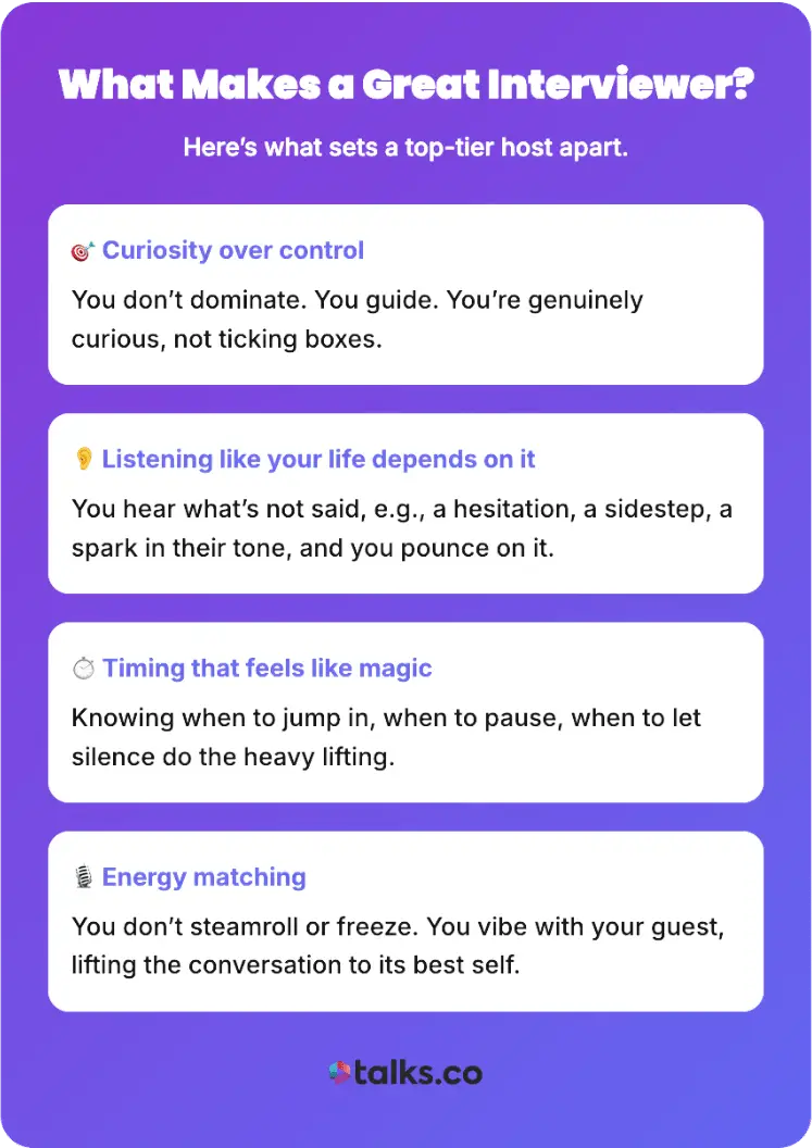 Infographic explaining what makes a great interviewer, including curiosity, listening, timing, and energy matching