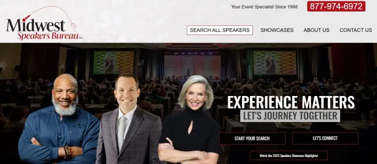 Homepage of a speakers bureau showing professional presenters and highlighting working with a speakers bureau