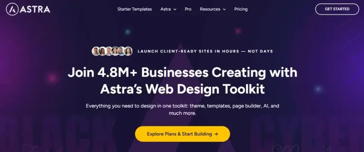 Astra web design toolkit landing page showing how businesses use templates and tools to create a website quickly and efficiently.