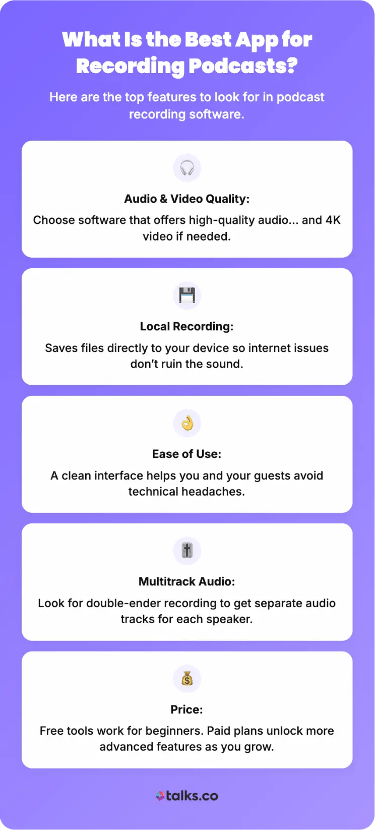 Infographic explaining the features you need to record a podcast, including audio and video quality, local recording, ease of use, multitrack audio, and pricing.
