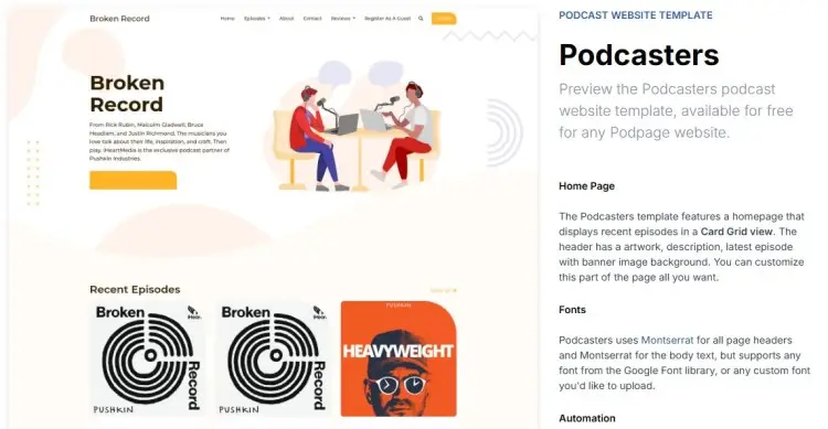 Designed for podcasters podcast website template showing a modern homepage layout with featured episodes, artwork, and episode listings.