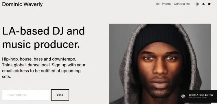 LA-based DJ and music producer portfolio homepage designed to improve visibility in search with clear branding and email signup.