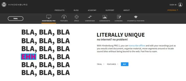 Hindenburg Pro interface showcasing offline transcription features for editing and recording podcasts professionally