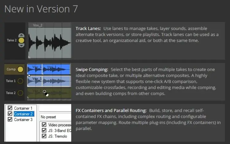 Audio editing interface showing track lanes, comping, and FX containers used to streamline the editing process.