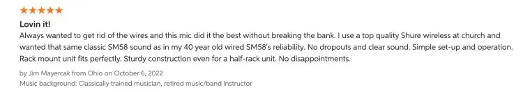 Customer review highlighting how the Shure SM58 wireless microphone delivers effective sound quality, reliability, and easy setup for live performance and speaking.