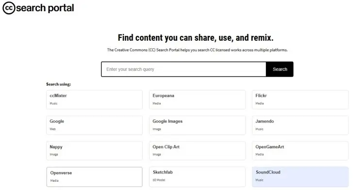 Creative Commons search portal showing licensed media you can use in your podcast across multiple platforms