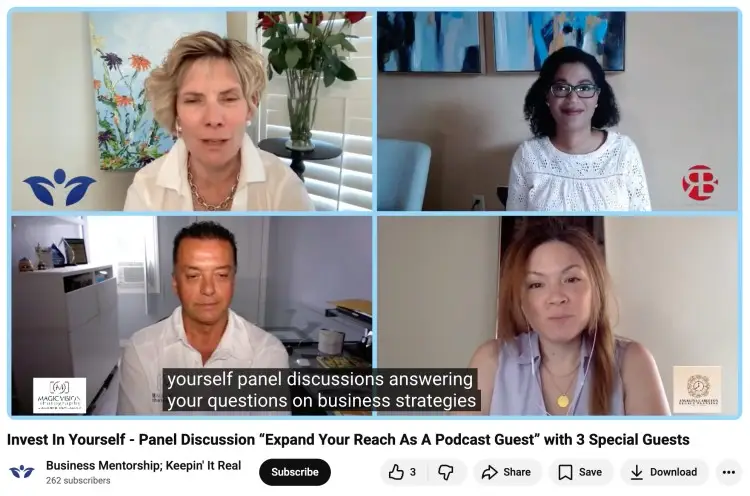Four speakers on a video call taking part in a great panel discussion about business strategies and podcast guest visibility.