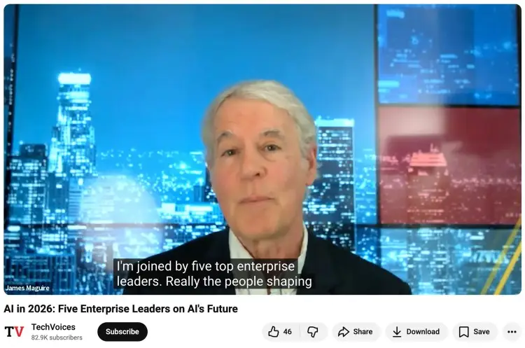 Video interview showing hosting a panel with enterprise leaders discussing the future of AI in a professional studio setting.